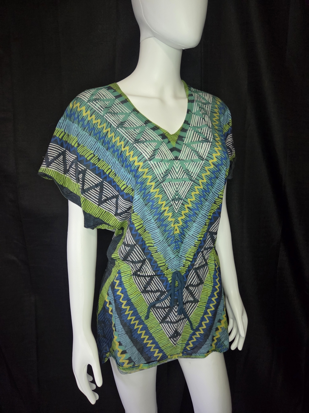Prana Saida Kaftan Tunic Green Teal Aztec Geometric Cover Up Dress Size S
